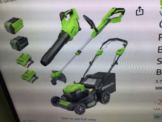 GREENWORKS 40 V 21’’ SELF-PREPELLED LAWN MOWER , AXIAL LEAF BLOWER 500 CFM 120 MPH 13 INCH STRING TRIMMER WITH 2 BATTERIES 5AH AND 2AH AND CHARGERS LI