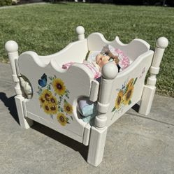 14” L Sunflower And Butterflies White Wood Doll Bed / Xs Small Dog Pet Bed - Toy 
