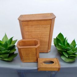 Vintage Solid Wood Hamper, Wastebasket & Toilet Tissue Box Set