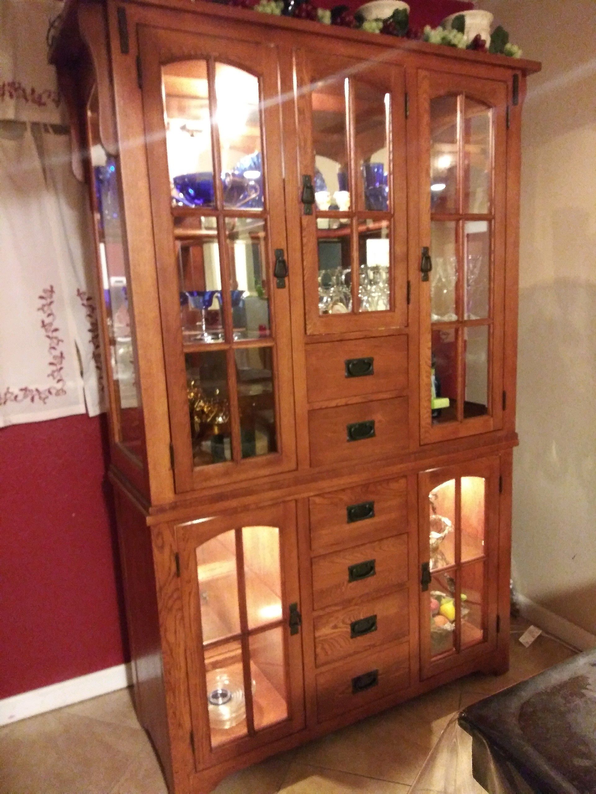Mission style lighted China cabinet w/ hutch