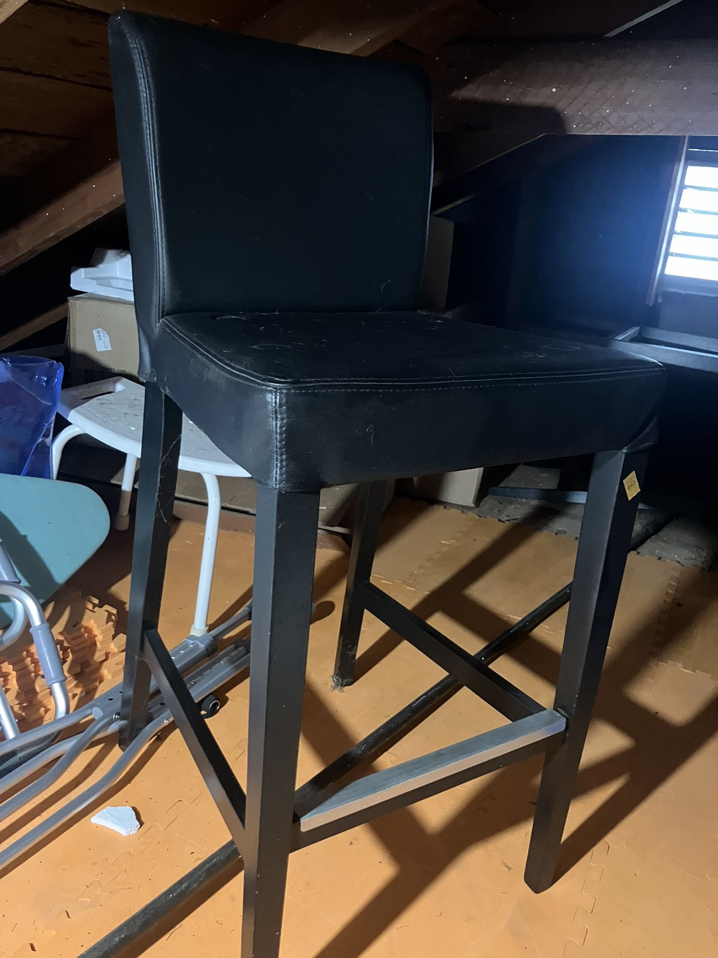 Two IKEA Black Leather Bar Chairs.