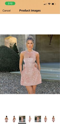 Strapless Jacquard Floral Mini Dress Pink S Boned Lined Lace-Up Back Bow