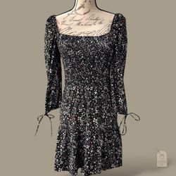 Topshop Smocked Floral Mini Dress Black White & Pink | US 4 Square Neck