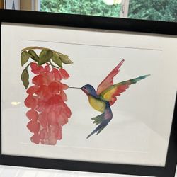 Framed Hummingbird & Flower Watercolor Painting 