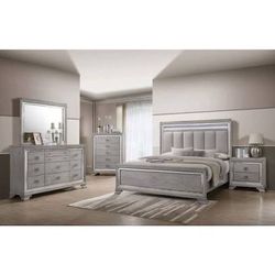 New Vertical Tufted 5 Piece Bedroom Set.  Grey Padded Headboard With LED Lights.  Free Delivery!