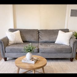 World Market Gray Microfiber Sofa – Removable Washable Cushions – Nailhead Trim