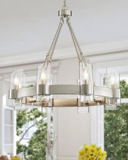 WUZUPS Wagon Wheel Chandelier 8-Light with Clear Glass Industrial Modern Farmhouse Round Light Fixture for Dining Room Kithen Island Foyer, Width 26" 