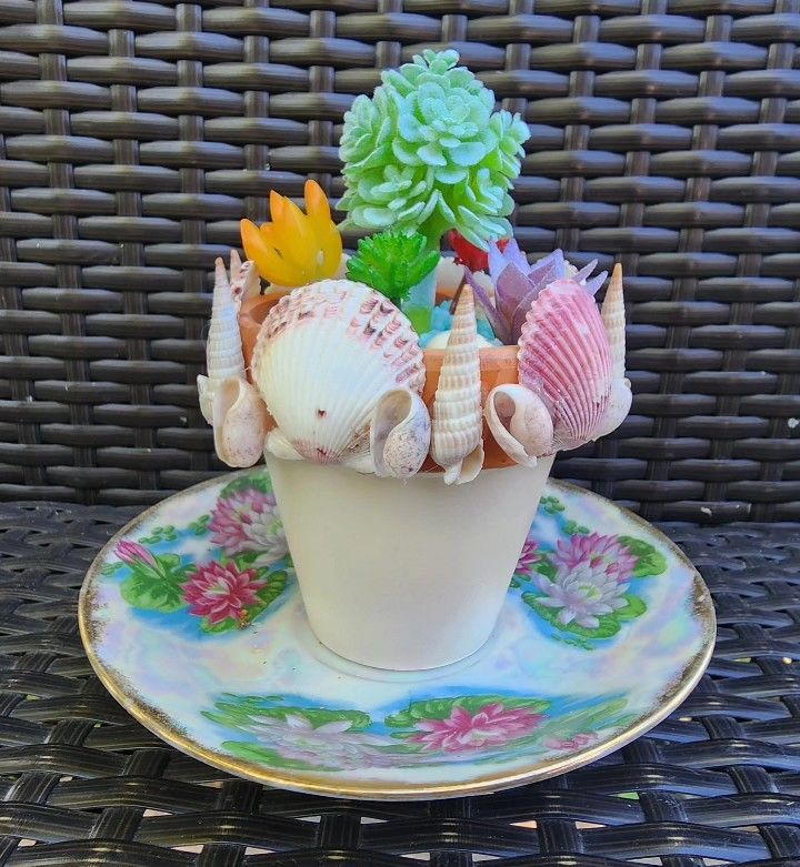 Upcycled Pot W/Seashells And Faux Succulents