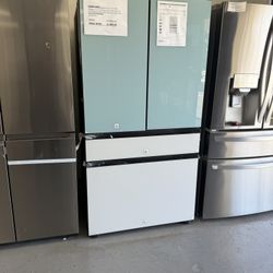 Samsung Bespoke 29 cu ft. 4-Door French Door Smart Refrigerator with Beverage Center in Morning Blue/White Glass, Standard Depth