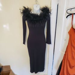 Elegant Black Faux-Fur Trim Bodycon Dress SIZE S