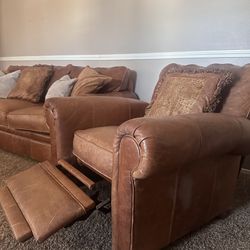 GENUINE LEATHER COUCH AND ARM CHAIR WITH RECLINER
