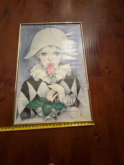 Rare Large Vintage Mira Fujita Pierrot Girl Rose Print Framed 24x36 1980s