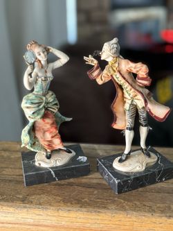 Fontanini Depose Italy rococo Lady and Man resin figurines on Carrara Marble bases mid century