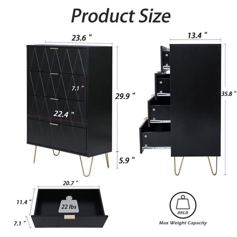 Eclife 23.6" Wooden 4 Drawer Dresser Chest Storage Accent Cabinet Organizer Unit with Metal Legs (little scratch inside)