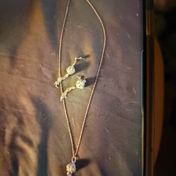 Genuine 925(Marked) Necklace W/Chandelier Pendant and Matching Earrings Adorned W/Many Small CZ's