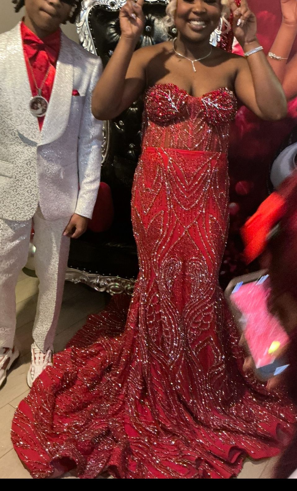 Elegant Red Beaded Strapless Prom Dress