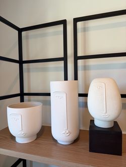 Modern Face Vases – Set of 3, Matte White Ceramic, Line-Art Faces