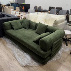 79" Sofa Bed Convertible Boneless Couch Corduroy Modular Couch Bed with Fixed-Shape Frame & Removable Armrests for Living Room, Bedroom (Green)