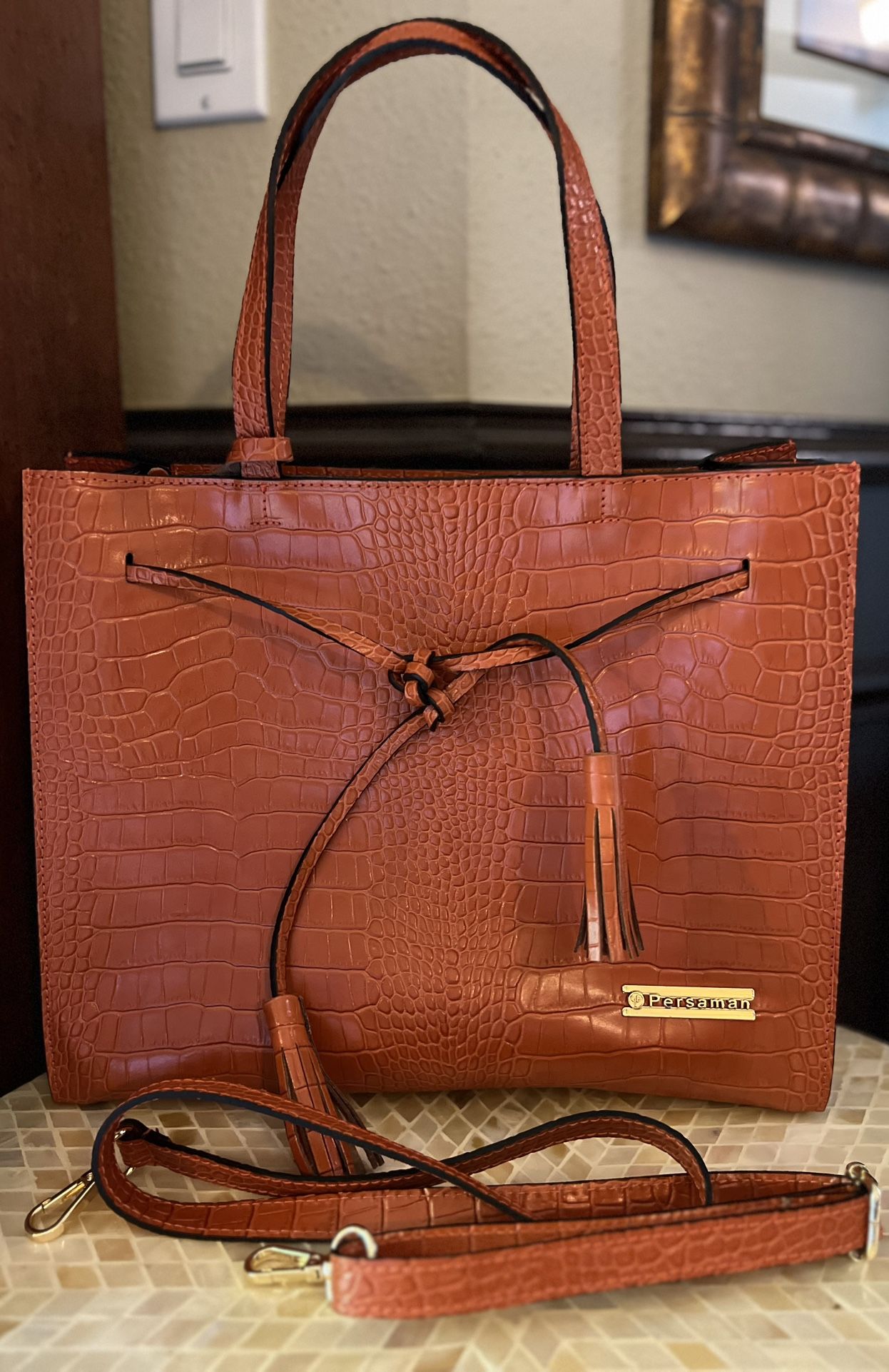 PERSAMAN NEW YORK Croc Embossed Leather Tote Handbag Purse New