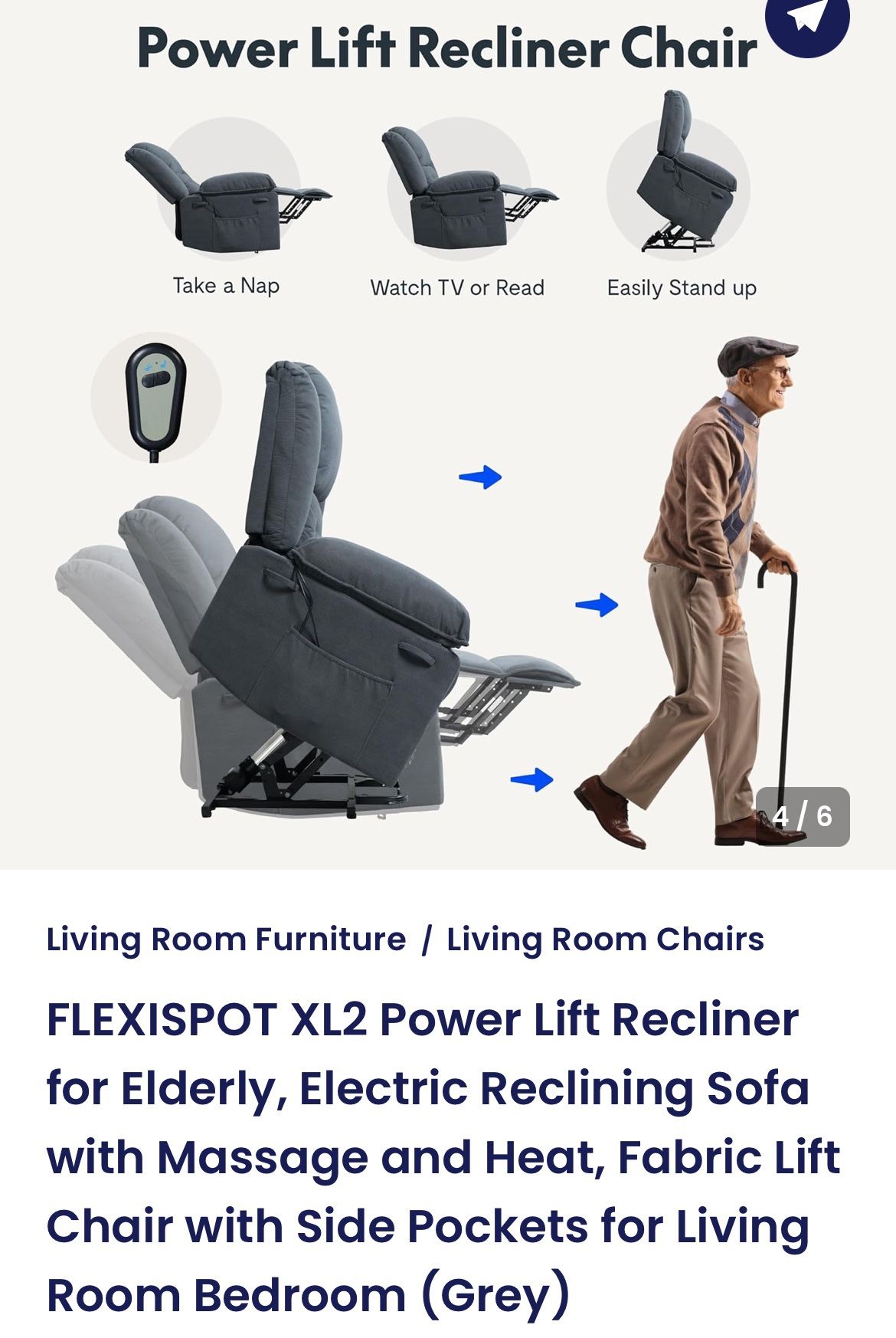 FLEXISPOT XL2 Power Lift Recliner for Elderly, Electric Reclining Sofa with Massage and Heat, Fabric Lift Chair with Side Pockets for Living Room