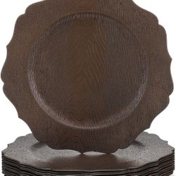 Mifoci 12 Pcs 13" Rustic Brown Wooden Textured Acrylic Chargers Plates with Scalloped Rim Round Faux Wood Chargers for Dinner Plates for Fall Thanksgi