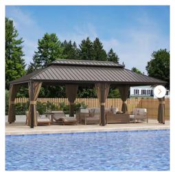14 ft. x 24 ft. Double Galvanized Steel Roof Aluminum Frame Outdoor Patio Hardtop Gazebo with Netting and Curtain