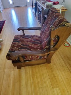 Vintage Wood Frame Armchair with Patterned Cushions