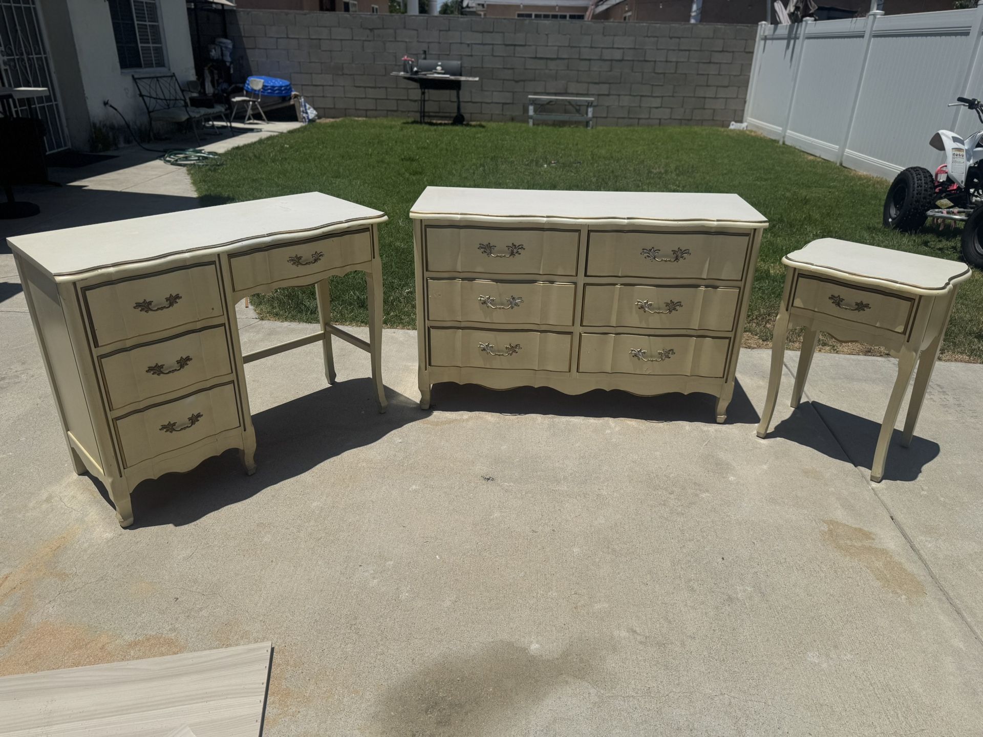 Vintage French Provincial solid Wood Desk, Dresser and Stand.
