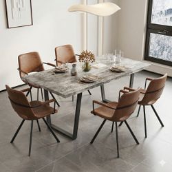 6 pieces- Wood Dining Table with 5 Leather chairs