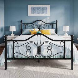 Queen Size Metal Bed Frame with Butterfly Headboard, Black Metal Platform Bed for Kids, Wrought Iron-Art Headboard/Footboard, Under-Bed Storage, No Bo