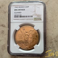 AMAZING MEXICAN GOLD CENTENARIO 1943 CERTIFICATE (KEY DATE  )(TEJON )