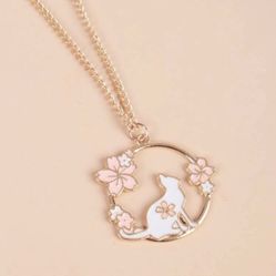 Cat Pink Flower Gold Necklace