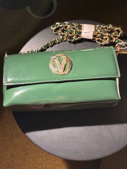 Valentino Orlandi-Green Evening Bag with a Gold/Rhinestone Valentino Emblem