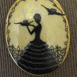 Antique Victorian Silhouette Portrait Brooch Hand Painted Luster Cameo Pin exc cond