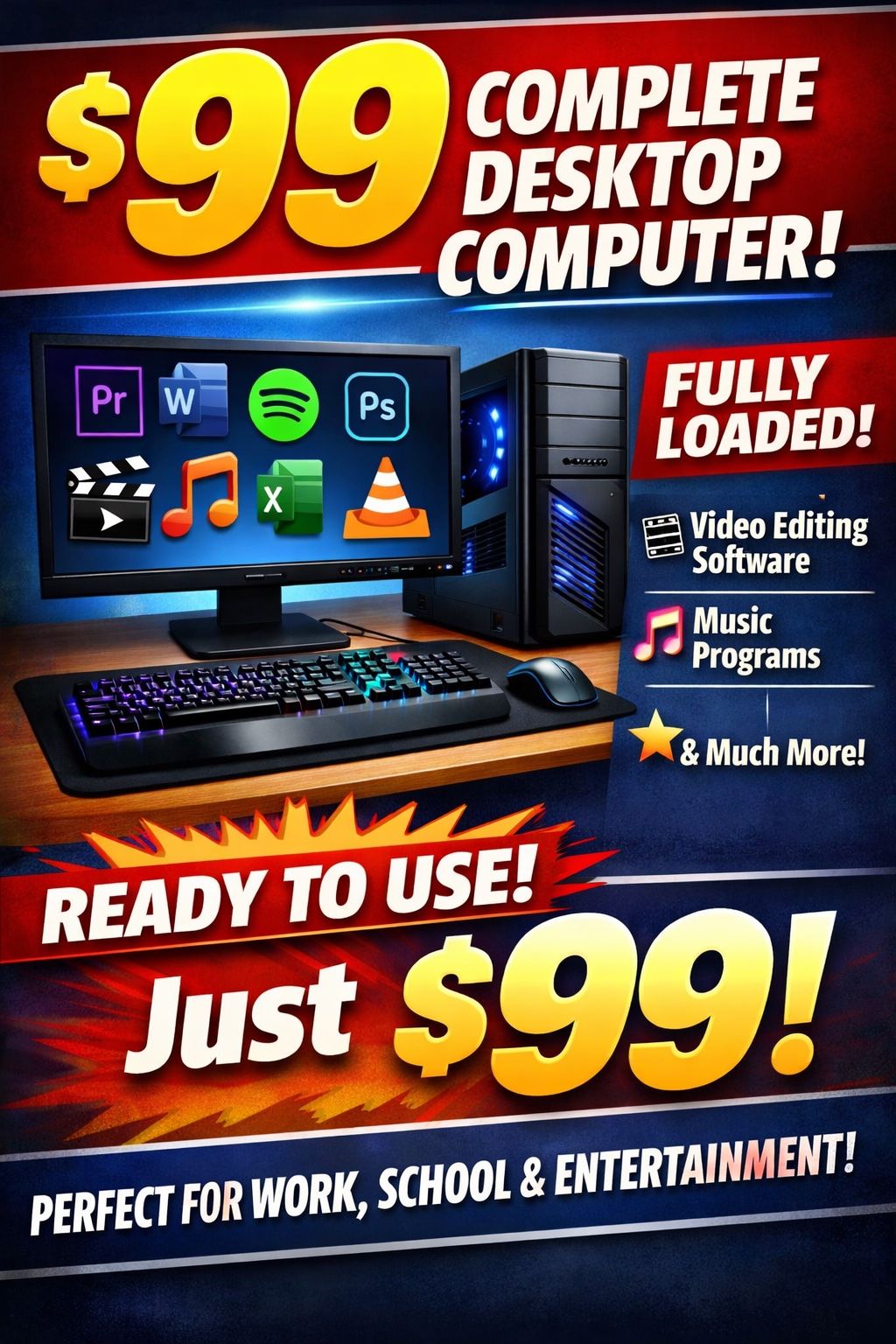 $99 Complete Desktop Computer System – Fully Loaded – Monitor, Keyboard & Mouse Included!