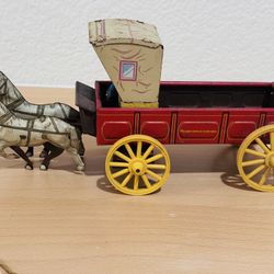 Vintage Northwestern Products Tin Litho Horse Drawn Wagon Buggy Cart with Driver. 