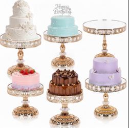 6 Pcs Wedding Metal Cake Stand Set with Crystal Beaded Mirror Top Cake Display Stand Cupcake Display Plate Crystal Dessert Cheese Stand Cake Holder (G