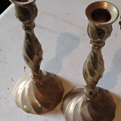Pair of Brass  Candle Holders Swirl Base Twist Column Made in India Vintage 