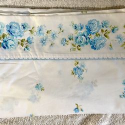 Vintage Fashion Manor Muslin Blue Rose Floral Flat Sheet Double/ Full 1970s