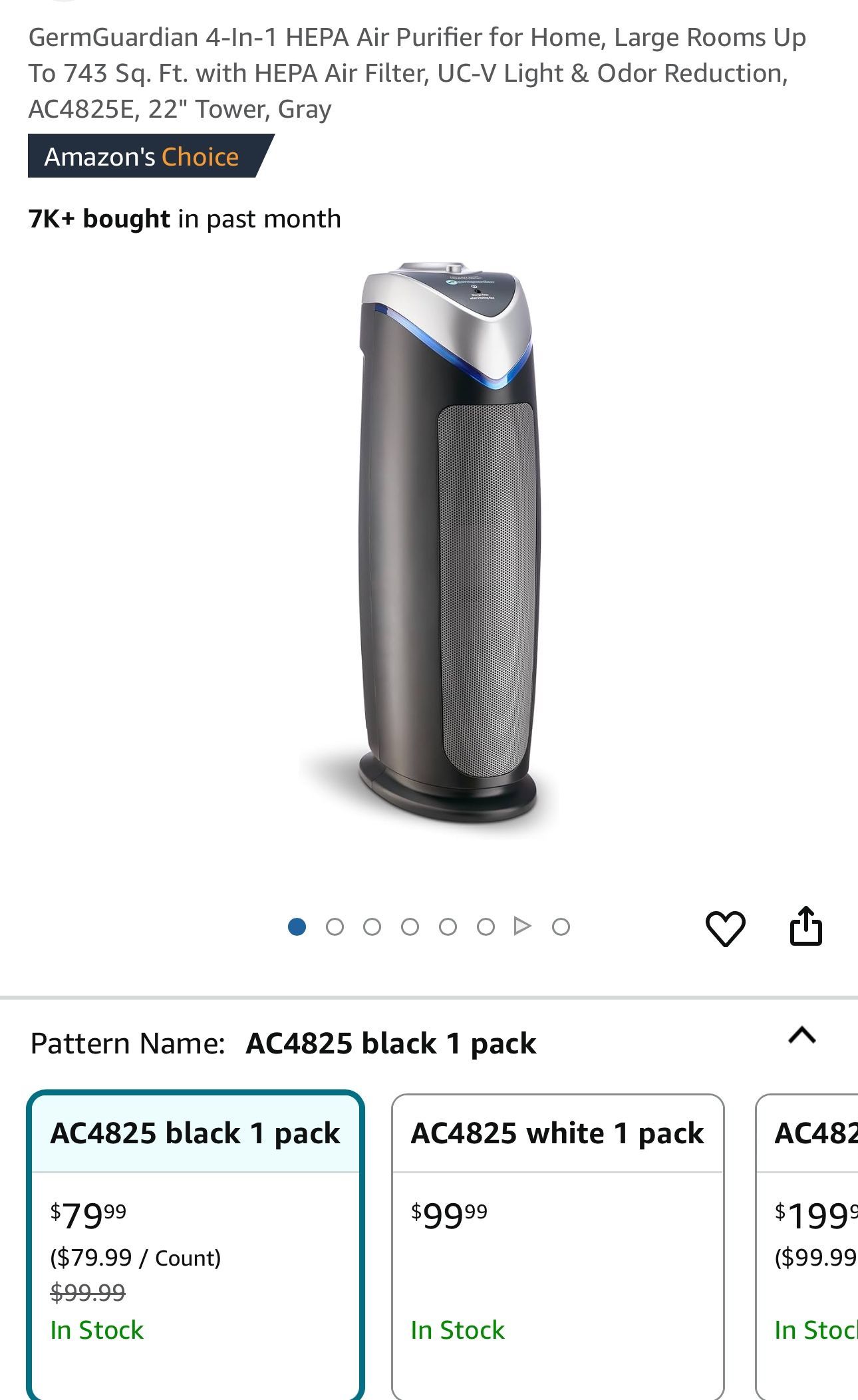 GermGuardian 4-In-1 HEPA Air Purifier for Home, Large Rooms Up To 743 Sq. Ft. with HEPA Air Filter, UC-V Light & Odor Reduction, AC4825E, 22" Tower, G