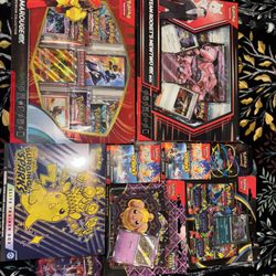 Pokemon Cards Team Rockets Mewtwo’s EX box, ArmaRouge Ex Box, Surging Sparks Elite Trainer And Booster Bundle And Paladean Fates And Phantasmal Flames