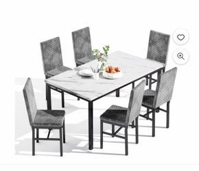 AWQM 7 Piece Dining Table Set for 6, Faux Marble Kitchen Table with 6 Velvet Chairs, Modern Dining Room Table Set for Small Space, Living Room, Apartm
