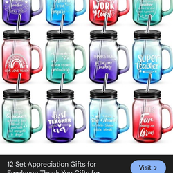 teacher appreciation mason jar drinking glasses, likely from the Ziliny or a similar brand, featuring various teacher-themed quotes and handles.  Mate