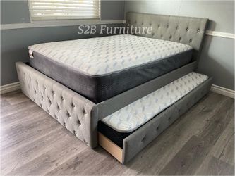 Full twin grey Frenchi trundle bed with ortho mattress included