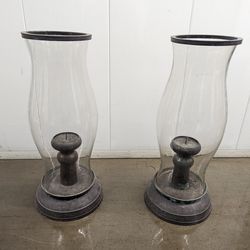 2 Tommy Bahama 2ft Tall Candle Holders End Table Top Dining Floor Vase Glass Bronze Teak Tropical Hawaiian Decor Beach Style Light Lantern outdoor Haw