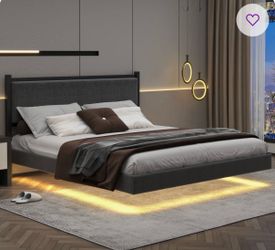 Floating Queen Size Bed Frame with Upholstered Headboard