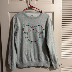 Disney Mickey Mouse Women's Size Medium Sweatshirt Crew Neck Gray Christmas Lights