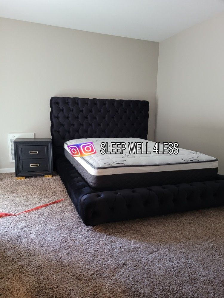 NEW BED FRAME KING COMES IN THE BOX EURO PILLOW TOP BAMBOO MATTRESS INCLUDED SAME DAY DELIVER OR PICK UP