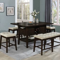 -CLEARANCE- 6 Pc Dining Table Set Wit 4 Stools & Bench