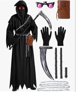 Grim Reaper Costume, 7-Piece Set with Cloak, Scythe & Glowing Eyes (Medium)